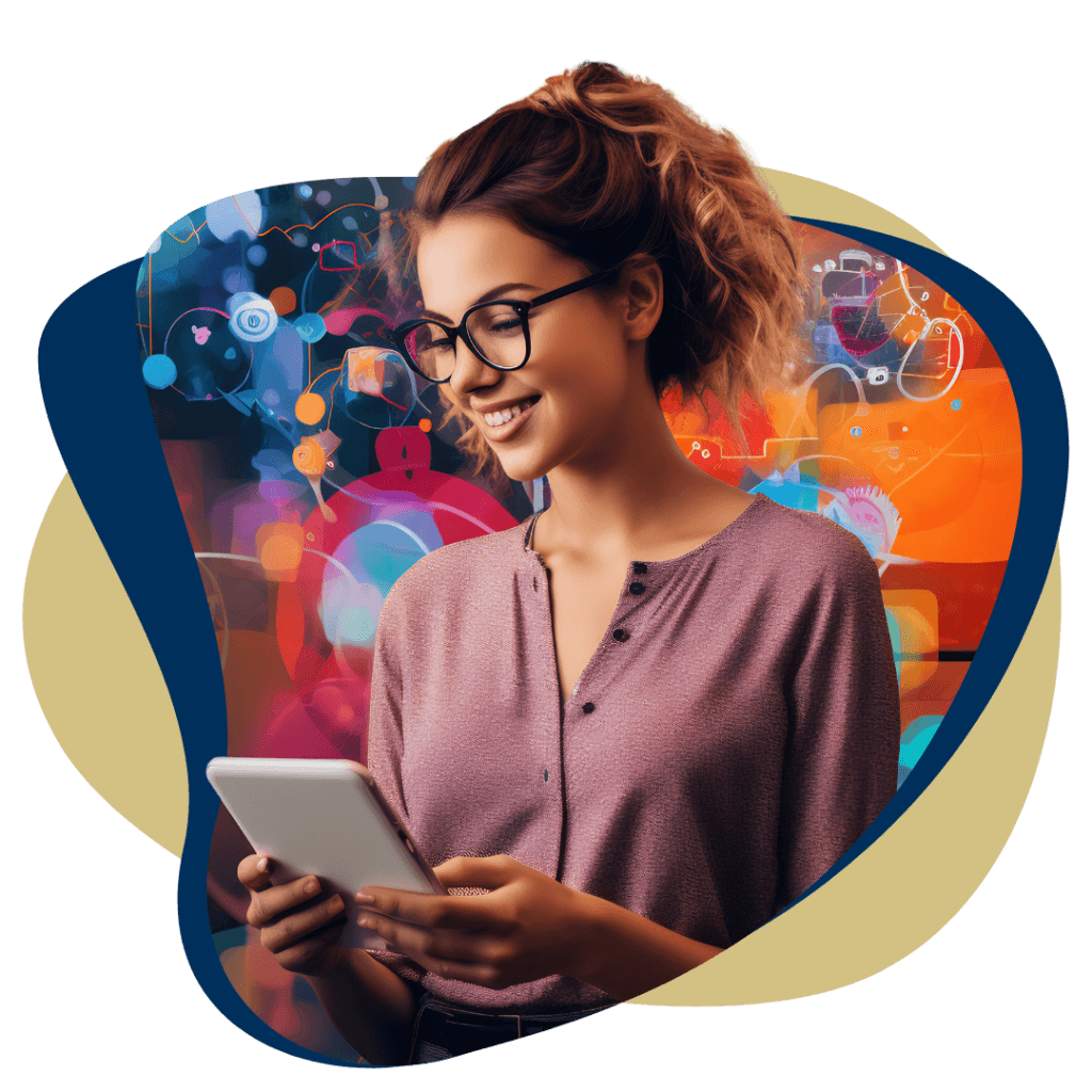 Mujer con gafas sonriendo mientras utiliza una tableta